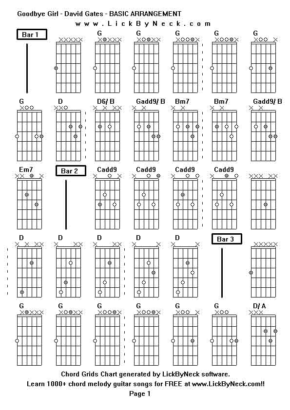Chord Grids Chart of chord melody fingerstyle guitar song-Goodbye Girl - David Gates - BASIC ARRANGEMENT,generated by LickByNeck software.